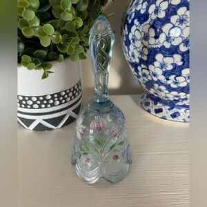 Fenton 6.75" Bell Light Blue W/hand painted Flowers Signed P. Landerman
